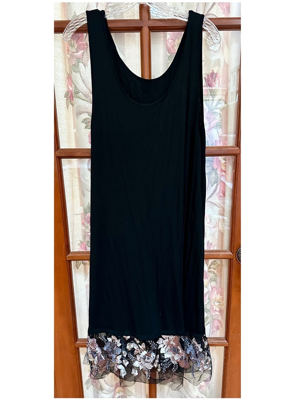 Black Sleeveless Slip Dress with Floral Lace Hem